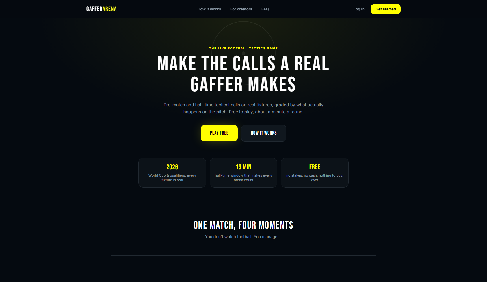 Gaffer Arena desktop view of the live tactics board with real-time match event calls